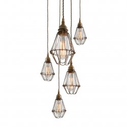 Taklampa Praia Five-Arm, Antique Brass and Bronze Cages 