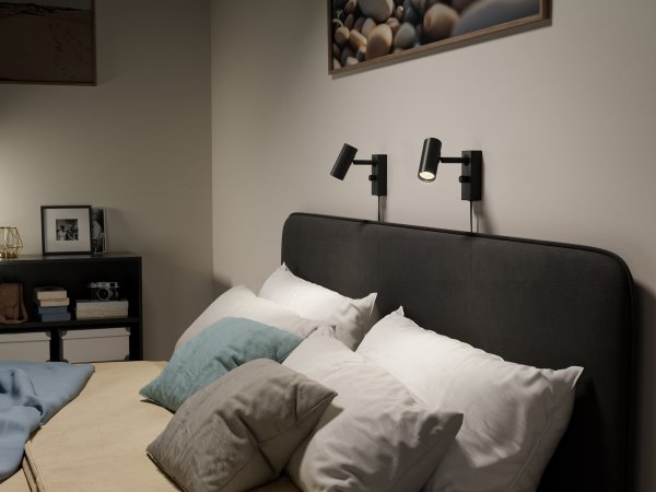 Cato vägglampa enkel mattsvart/mattsvart i ett sovrum
