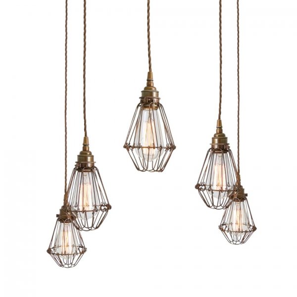 Taklampa Praia Five-Arm, Antique Brass and Bronze Cages 