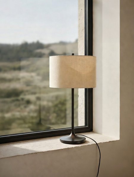 Bordslampa Soft Ø34 linne natur/metallic bronze vid ett fönster